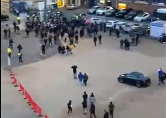 Posh fans gather outside the Weston Homes Stadium on Tuesday (April 27).