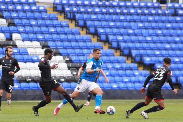 Jonson Clarke-Harris of Peterborough United in action against Lincoln City - Mandatory by-line: Joe Dent/JMP - 01/05/2021 - FOOTBALL - Weston Homes Stadium - Peterborough, England - Peterborough United v Lincoln City - Sky Bet League One