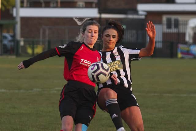 Tilly Fantom (stripes) in action for Peterborough Northern Star Reserves v Netherton. Photo: Tim Symonds.