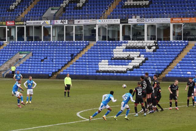 Jonson Clarke-Harris scores from a free kick for Posh against Lincoln. Photo: Joe Dent/theposh.com.