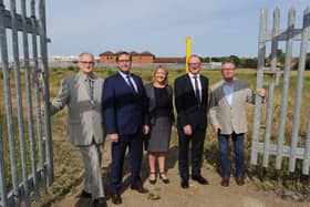 Council leader Cllr John Holdich, former mayor James Palmer, Sarah Ireland and Michael Heekin from Cross Keys Homes and Cllr Peter Hiller at the site of the first development off Newark Road. Photo taken pre-Covid pandemic EMN-170717-163108009