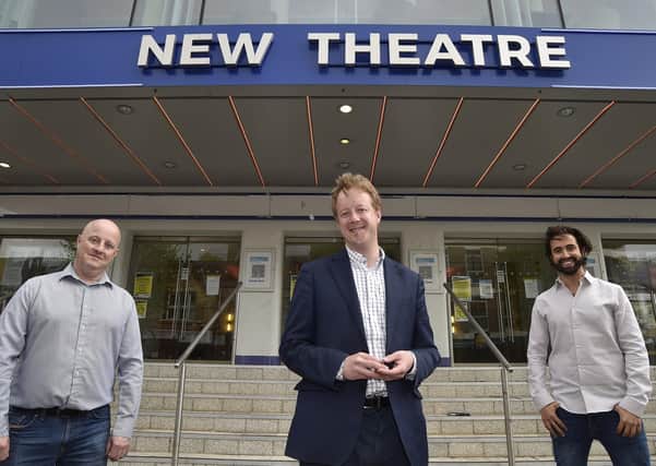MP for Peterborough Paul Bristow at the New Theatre, Broadway with  theatre director Richie Ross and Selladoor CEO David Hutchinson EMN-211005-150441009