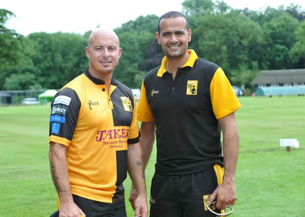 Owais Shah (right) with former South African Test star Herschelle Gibbs.