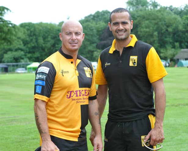 Owais Shah (right) with former South African Test star Herschelle Gibbs.