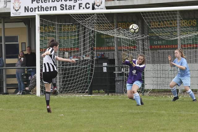 Jess Driscoll of Peterborough Northern Star fires over the bar in a game against Cambridge City. Photo: Tim Symonds.