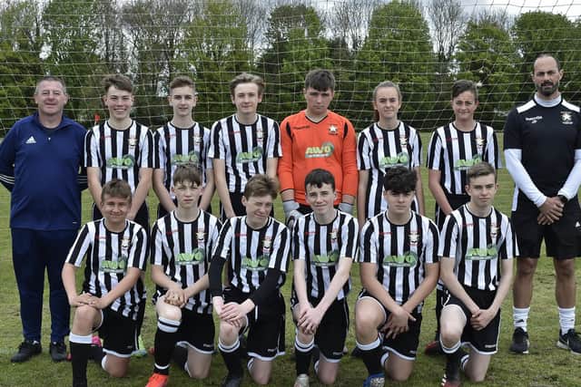Peterborough Northern Star Under 14s before an 8-2 Junior Alliance League Cup win at Parkside, back row, left to right, Paul Fovargue, Gio Delconte, Martynas Janusas, Charlie Morgan, Tyler Fovargue, Ella Bale, Mateus Leonardi, Jamie Pinguent. (front) Martynaas Vaiciulis, Alfie Bedford, Ben Noble, Jake Currall, Luigi Avolio, Arran Soutar.