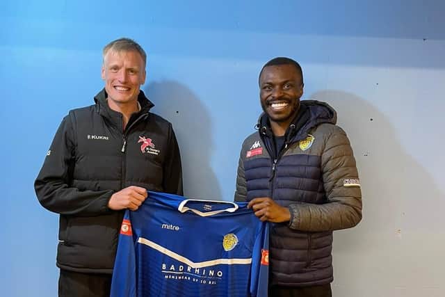 Spalding boss Gaby Zakuani and new signing Nathan Stainfield.