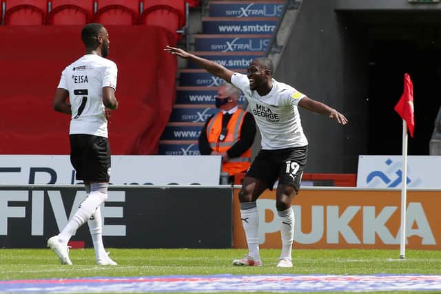 Idris Kanu celebrates his goal for Posh at Doncaster on the final day of the season. Photo: Joe Dent/theposh.com.