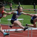 Peterborough and Nene Valley Athletic Club pair Pearl Ford and Sienna Slater in action in the under 13 girls hurdles at the Embankment. Photo: David Lowndes.
