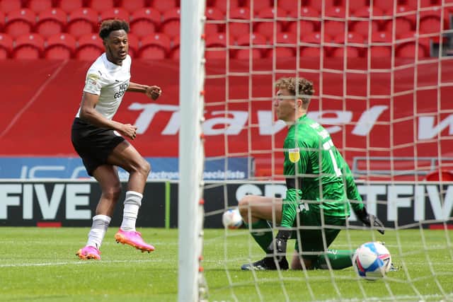 Ricky-Jade Jones scores the first Football League goal of his career for Posh at Doncaster on the final day of last season. Photo: Joe Dent/theposh.com.