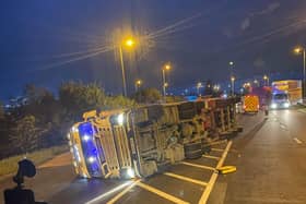 The overturned lorry on the A605. Photo: Kyle Parrish.