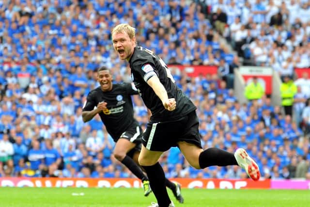 Grant McCann celebrates his goal in the 2011 League One play-off final.