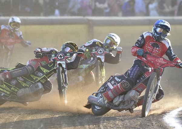 Panthers' Ulrich Ostergaard leads heat four in the Premiership meeting with Belle Vue. Photo: David  Lowndes.