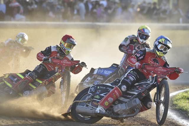 Scott Nicholls leads heat three for Panthers against Belle Vue at the Showground. Photo: David  Lowndes.