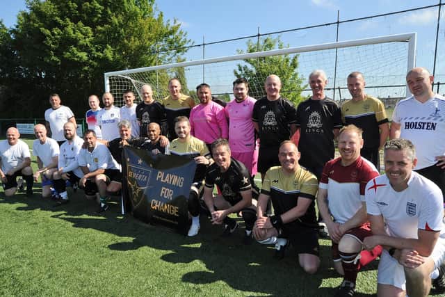 Marco Sementa with his teams celebrating his 150th charity football match.