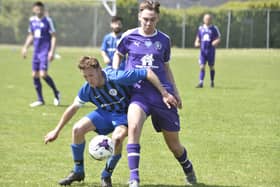 Action from Farcet United's Peterborough Junior Cup quarter-final win over Stanground Sports (purple) last weekend. They will play each other in Peterborough Division Two next season. Photo; David Lowndes.