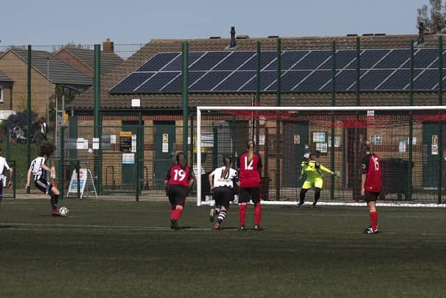 Jess Driscoll scores from the penalty spot for Peterborough Northern Star Women's Reserves against Netherton United. Photo: Tim Symonds.