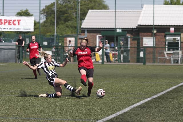Katie Steward makes a tackle for Peterborough Northern Star Ladies Reserves against Netherton in a Cambs Womens Premiership match. Photo: Tim Symonds.