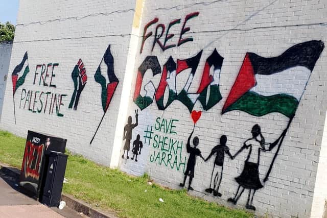 Free Palestine and Gaza mural on the property in Bridge Street.