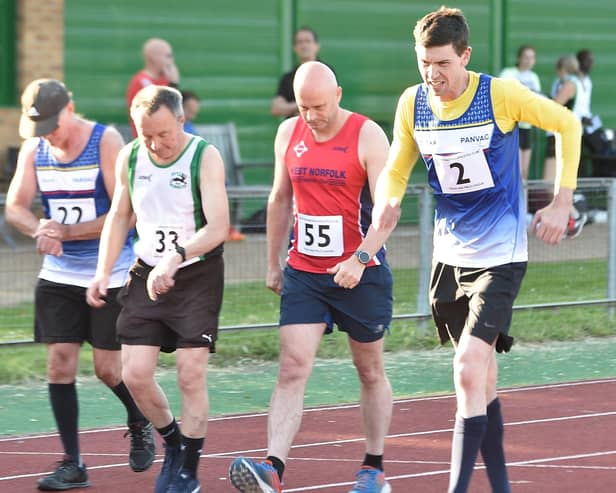 James McDonald (2) won the one-mile walk event at the Easter Masters event at the Embankment. Photo: David Lowndes.
