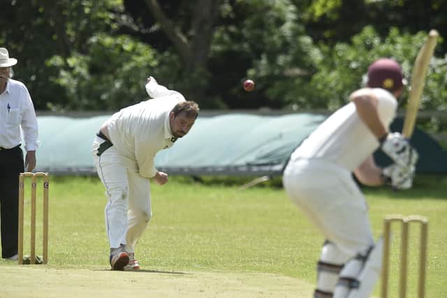 Ufford Park skipper Joe Harrington bowling for Ufford Park against Old Leysians. Photo: David Lowndes.