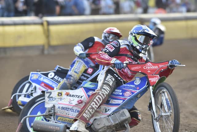 Heat 10 of Panthers v King's Lynn. Bjarne Pedersen (red helmet) and Hans Andersen (blue) are the Panthers riders. Photo: David Lowndes.