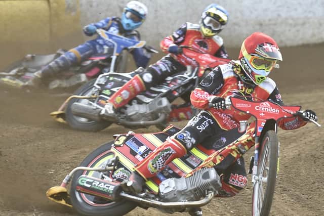 Michael Palm Toft (red helmet) and Scott Nicholls (blue) racing for Panthers against King's Lynn. Photo: David Lowndes.