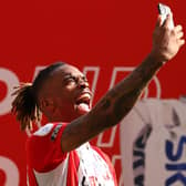 Ivan Toney celebrates promotion to the Premier League with Brentford. Photo: Catherine Ivill Getty Images.