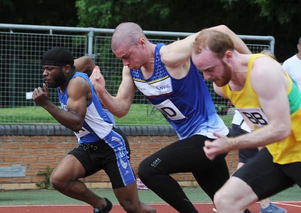 PANVAC's Joel Stern (centre) in the seniors 100m sprint at the National League meeting on the Embankment. Photo: David Lowndes.