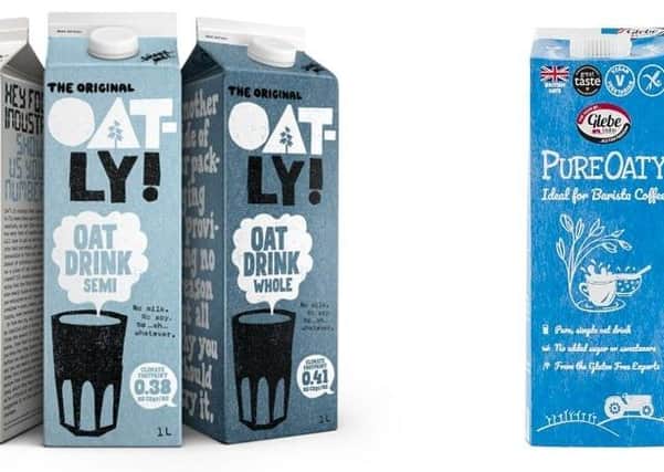 The Oatly branding, left, and Glebe Farm's packaging, right.