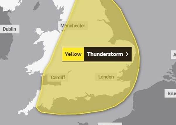 The Met Office yellow warning for thunderstorms covers much of the country.
