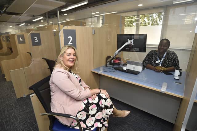 Opening of the new Job Centre at Northminster House, Peterborough by Employment Minister Mims Davis pictured with work coach Olutola (no surname given) EMN-210616-160109009