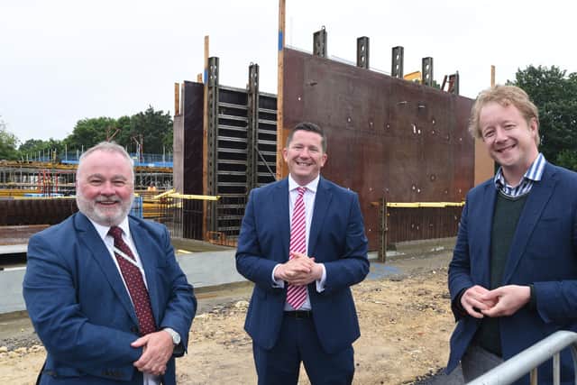 Council leader Wayne Fitzgerald, MP for Peterborough Paul Bristow and Principal Professor Ross Renton (centre), announce the Levelling Up Fund bid at the University site at Bishop's Road. Picture: David Lowndes