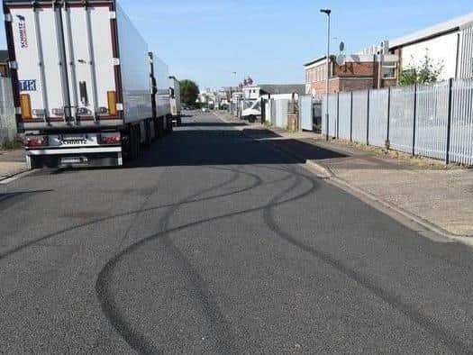 Tyre marks from a previous car cruising event in Peterborough