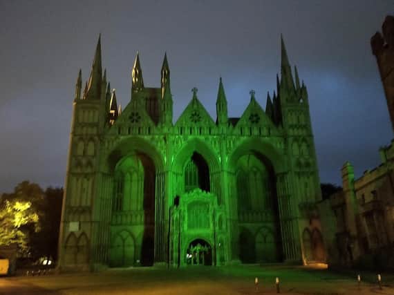 The Cathedral lit up green for St John Ambulance