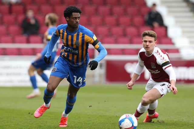 Nathaniel Ogbeta (left) n action for Shrewsbury. Photo: Pete Norton Getty Images.
