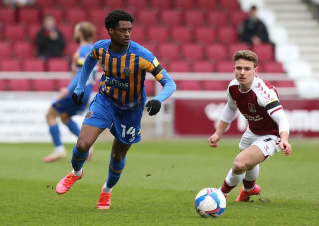 Nathaniel Ogbeta (left) n action for Shrewsbury. Photo: Pete Norton Getty Images.