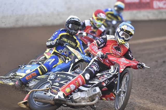 Panthers top scorer Scott Nicholls leads the way in heat three of the meeting against Sheffield. Photo: David Lowndes.