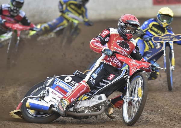 Panthers racer Bjarne Pedersen leads heat one in the win over Sheffield. Photo: David Lowndes.