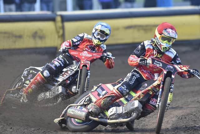 Panthers' Michael Palm Toft is in front in heat five of the win over Sheffield. Photo: David Lowndes.