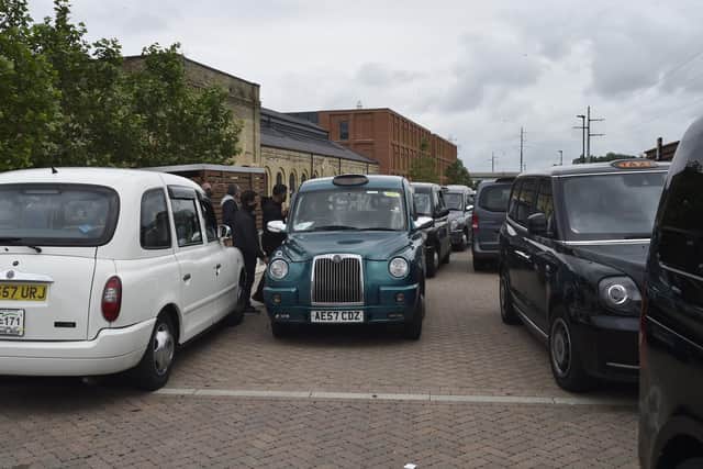 Taxi drivers protest at Fletton Quays on tuesday.