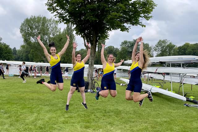 A Peterborough City quad of Sarah Watson, Hayley Shipton, Keely Watson and Gemma Singleton celebrate a Henley qualification time.