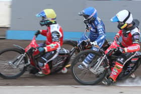 Ulrsih Ostergaard leads the way for Panthers at King's Lynn. Jordan Palin (white helmet) is also pictured. Photo: Derek Leader.