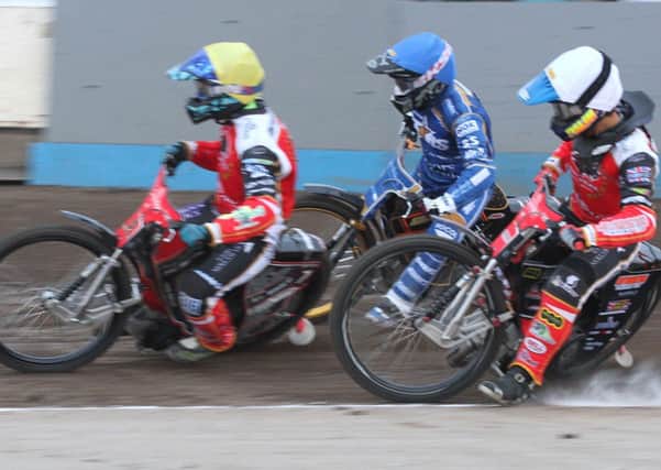 Ulrsih Ostergaard leads the way for Panthers at King's Lynn. Jordan Palin (white helmet) is also pictured. Photo: Derek Leader.