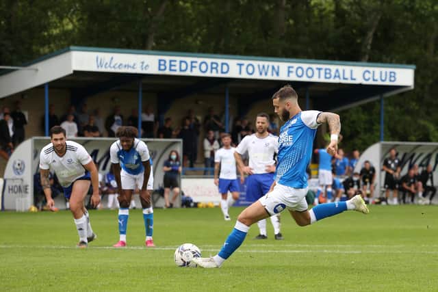 Jorge Grant scores from the penalty spot for Posh at Bedford. Photo: Joe Dent/theposh.com.