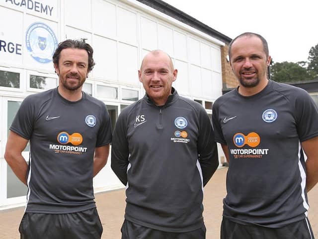 From left, Posh Under 18s manager Simon Davies, Academy Director Kieran Scarff and Under 23s manager Matthew Etherington.