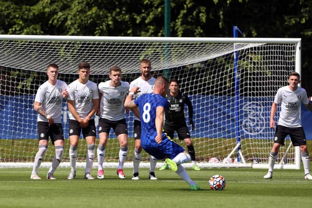 Ross Barkley takes a free kick for Chelsea against Posh.  Photo: Joe Dent/theposh.com.