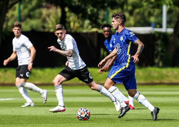 Kyle Barker in action with Christian Pulisic of Chelsea at the weekend. Photo: Joe Dent/theposh.com.