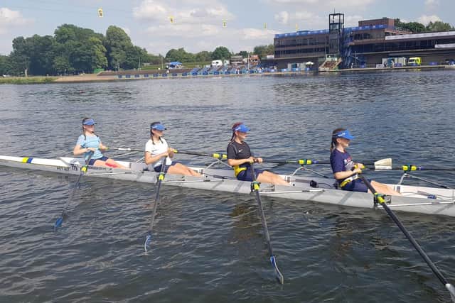 Peterborough City’s Sophie Bicknell, Lottie Tasker, Wiktoria Szubzda and Erin Ansell-Crook in the Women’s J15 coxed quad at the British Junior Championships.
