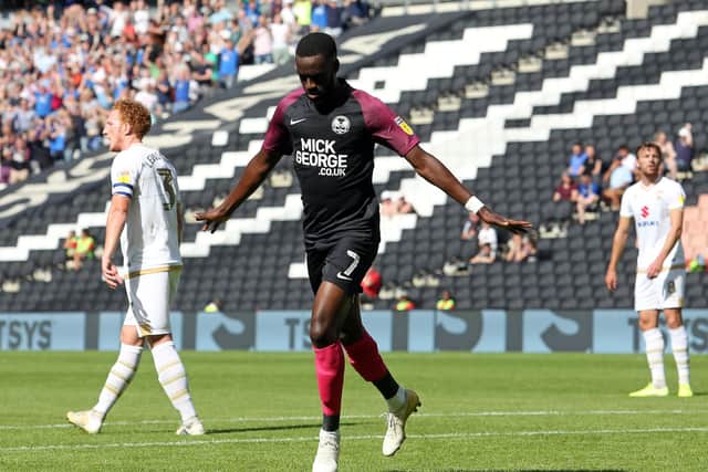 Eisa celebrates scoring against MK Dons in August 2019.  Photo: Joe Dent.